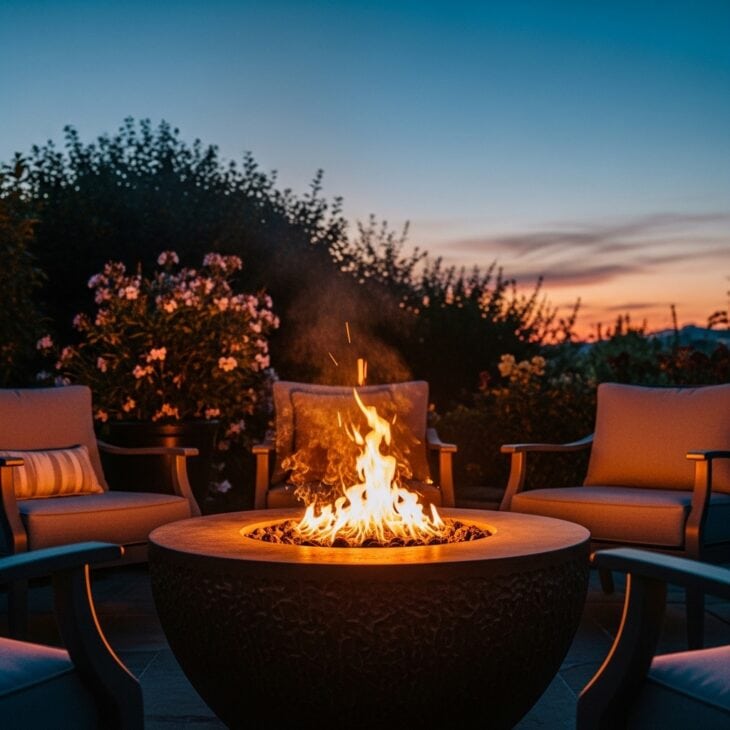 Patio fire pit surrounded by lounge chairs at dusk