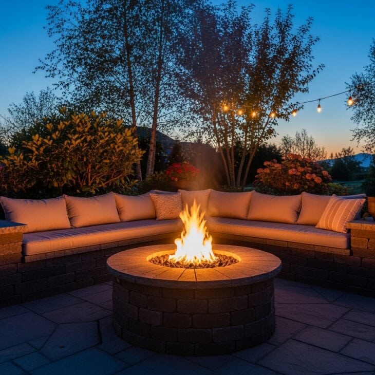 Backyard fire pit surrounded by low seating at dusk