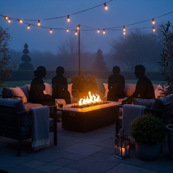 Glowing gas fire table warming a patio seating group at dusk