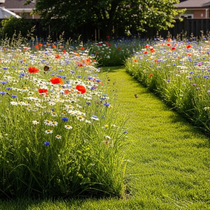 Part of a backyard lawn turned into a flowering meadow