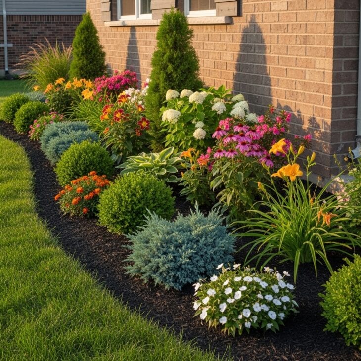 Foundation flower bed running along the base of a house