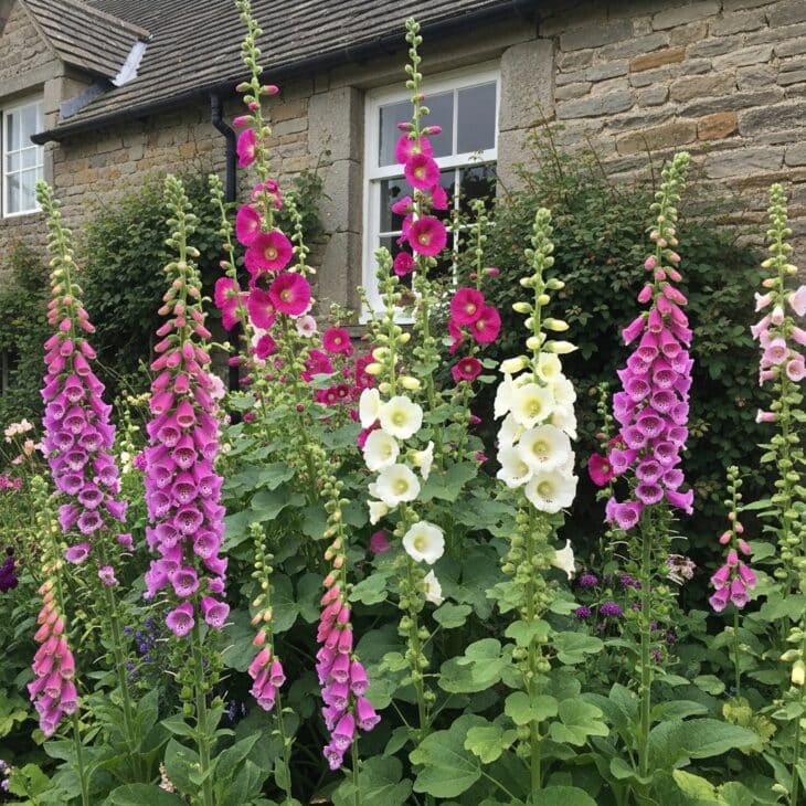 Tall foxgloves and hollyhocks against a cottage wall