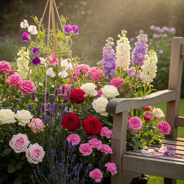Fragrant flower bed of roses, lavender and pinks