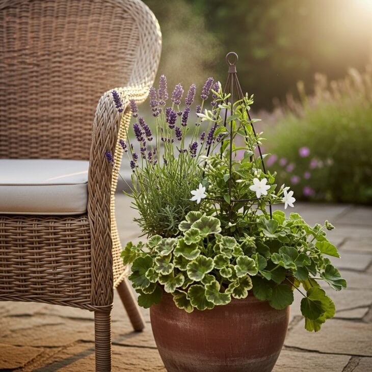 Fragrant container placed beside an outdoor seat