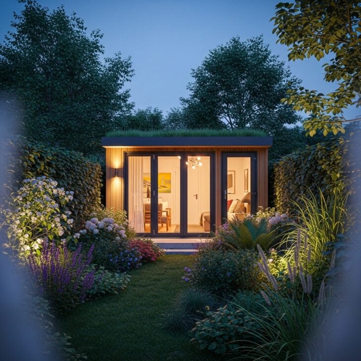 Modern garden studio at the end of a backyard