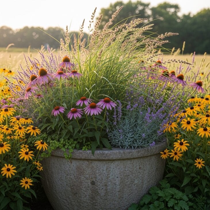 Naturalistic pot of grasses and perennials