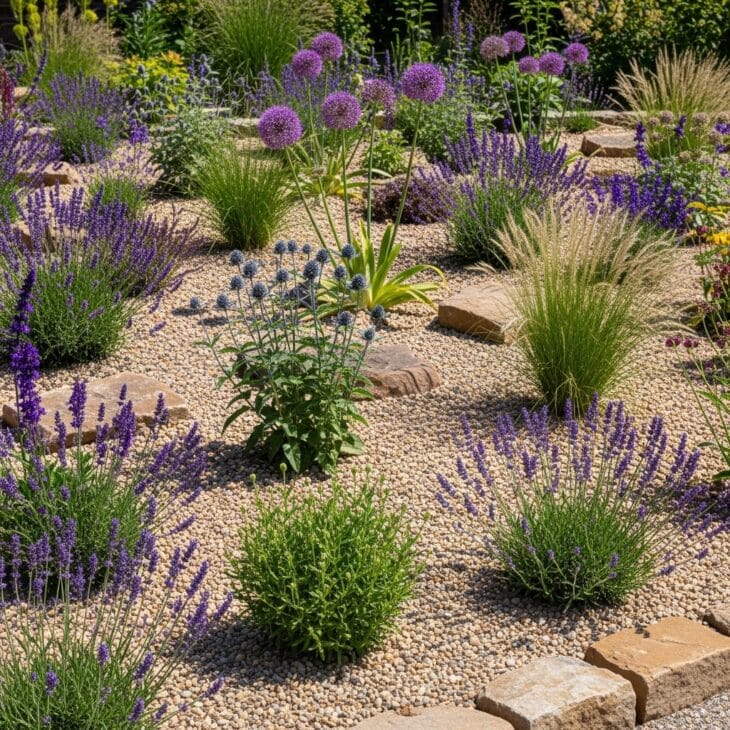 Dry gravel flower bed of drought-tolerant plants