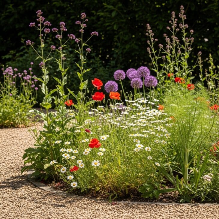 Relaxed gravel cottage garden with self-seeding plants