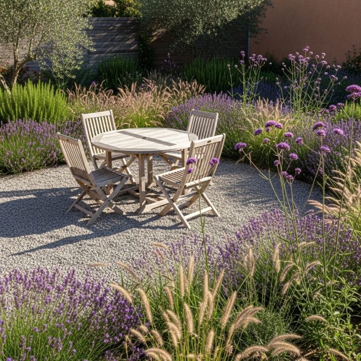 Relaxed gravel seating area with self-seeding plants
