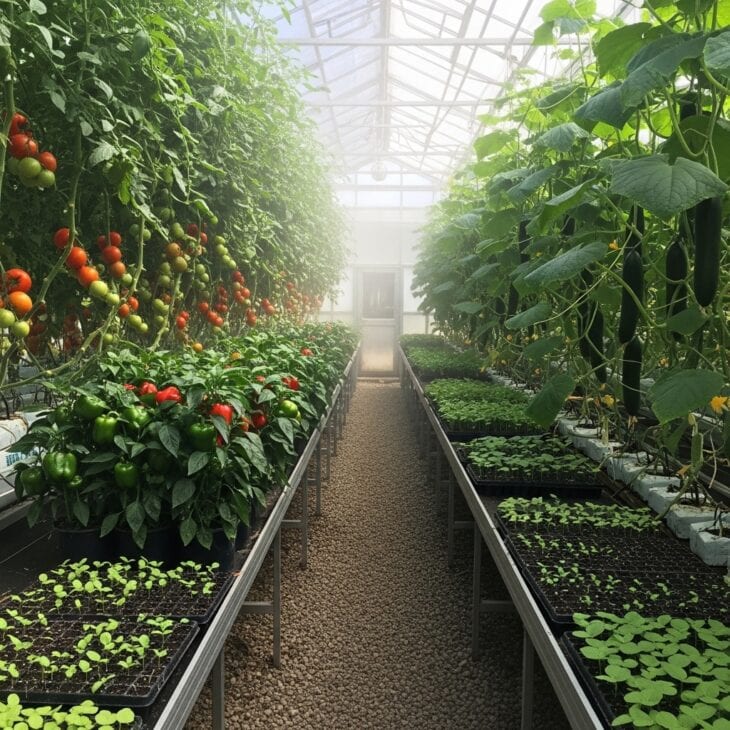 Inside a greenhouse full of tomatoes, peppers and cucumbers