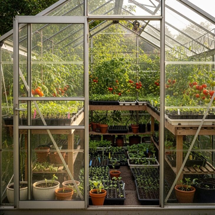 Backyard greenhouse filled with tomatoes and seedlings