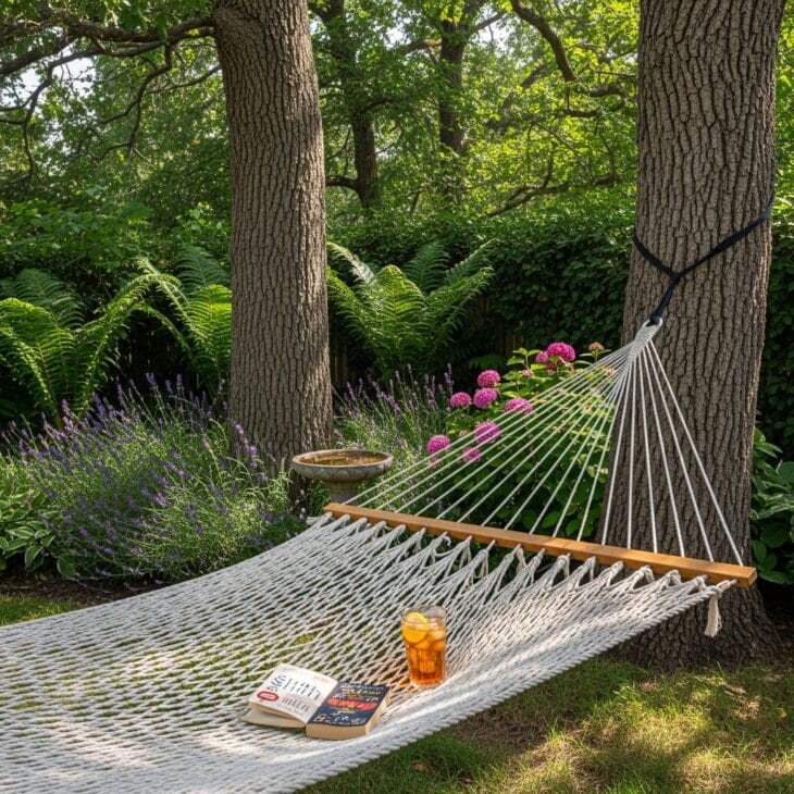 Hammock slung in a shady backyard corner