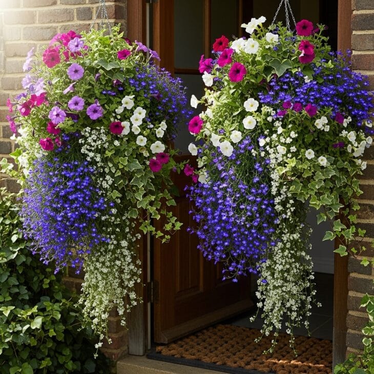 Overflowing hanging baskets beside a doorway