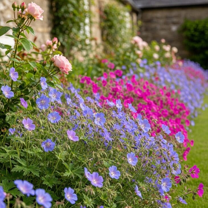 Drifts of hardy geraniums filling a cottage border