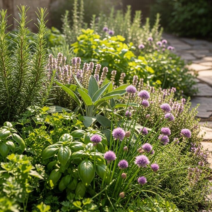 Kitchen herb bed packed with rosemary, sage, thyme and chives