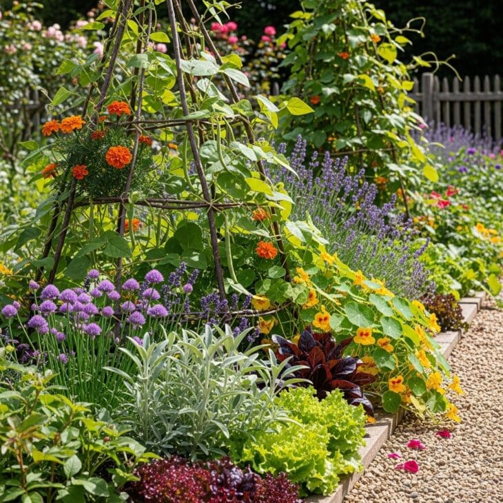 Cottage potager mixing herbs, vegetables and flowers
