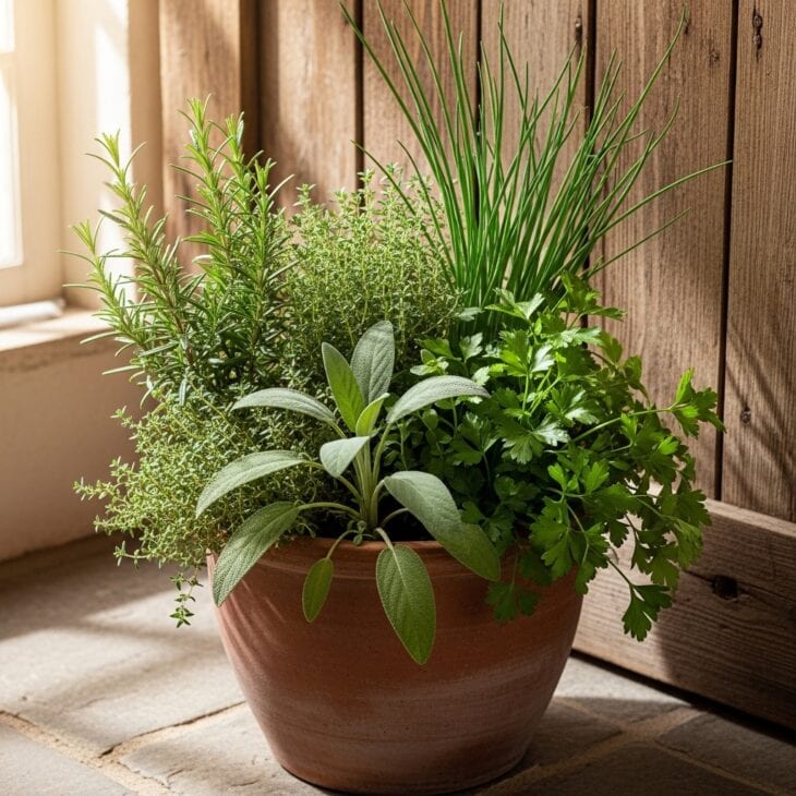 Pot of mixed culinary herbs by a kitchen door