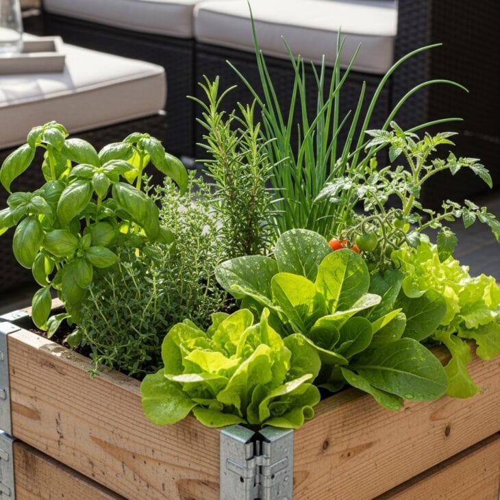 Patio pots of herbs and salad leaves by the seating