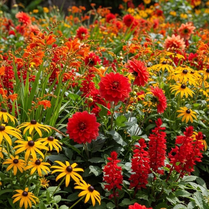 Flower bed of hot red, orange and gold flowers