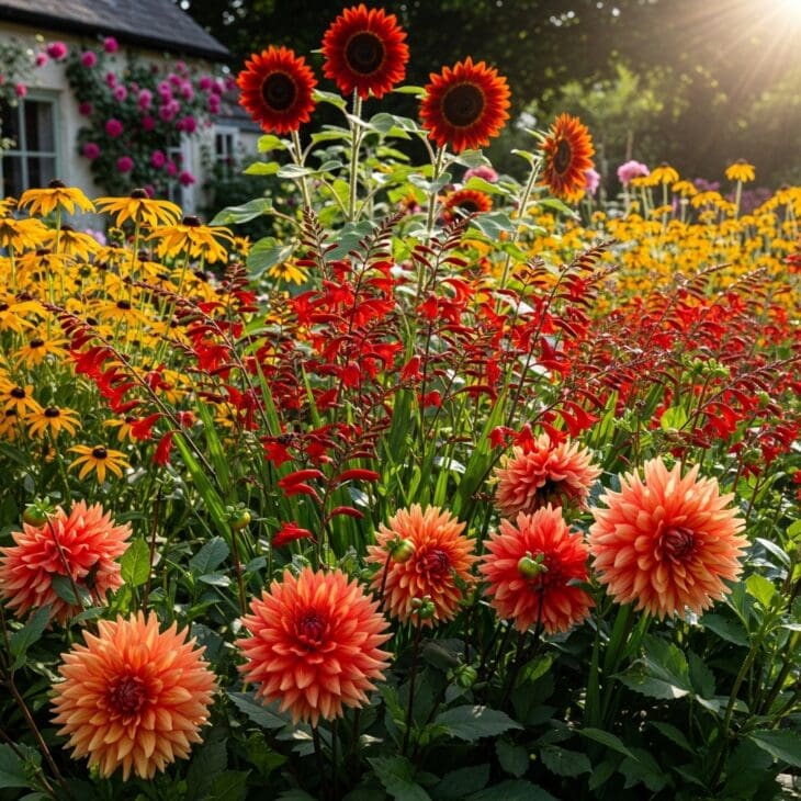 Hot-colored cottage border with dahlias and crocosmia