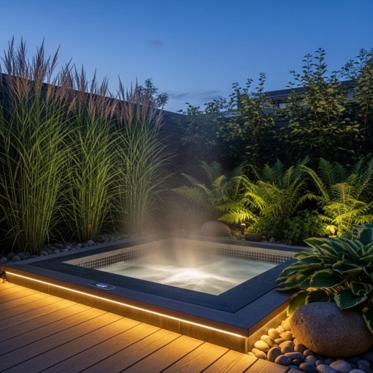 Hot tub tucked into a private screened backyard nook