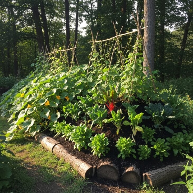 Hugelkultur mound bed planted with squash and greens