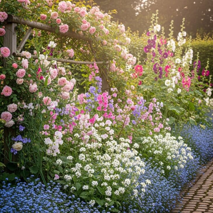 cottage rose and sweet pea border