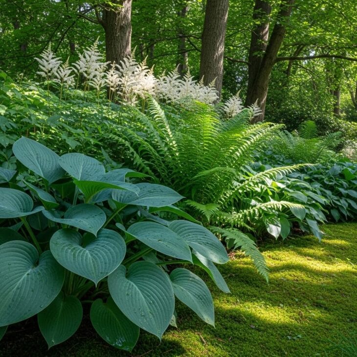 shady fern and hosta border