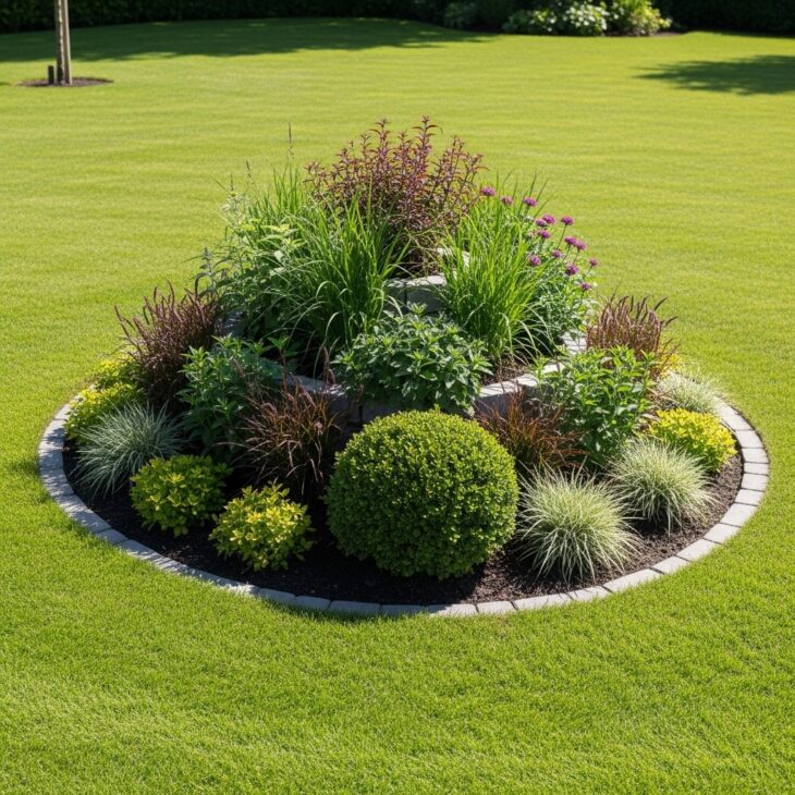 Oval island flower bed cut into a green lawn