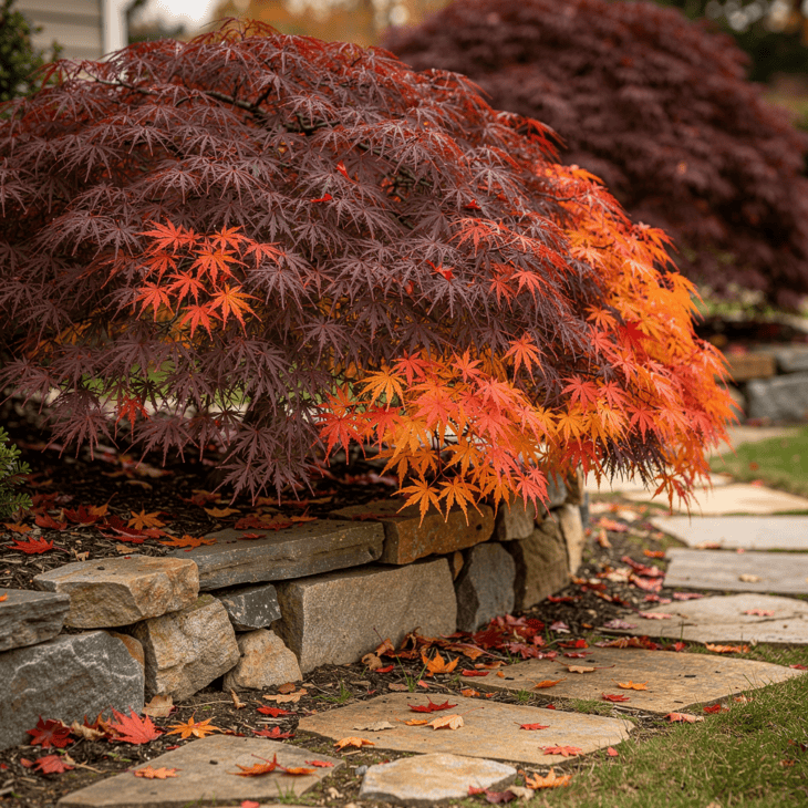 Weeping Japanese maple tree with crimson fall foliage cascading over a stone wall in a residential garden in autumn