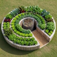 Circular keyhole garden bed with central compost basket