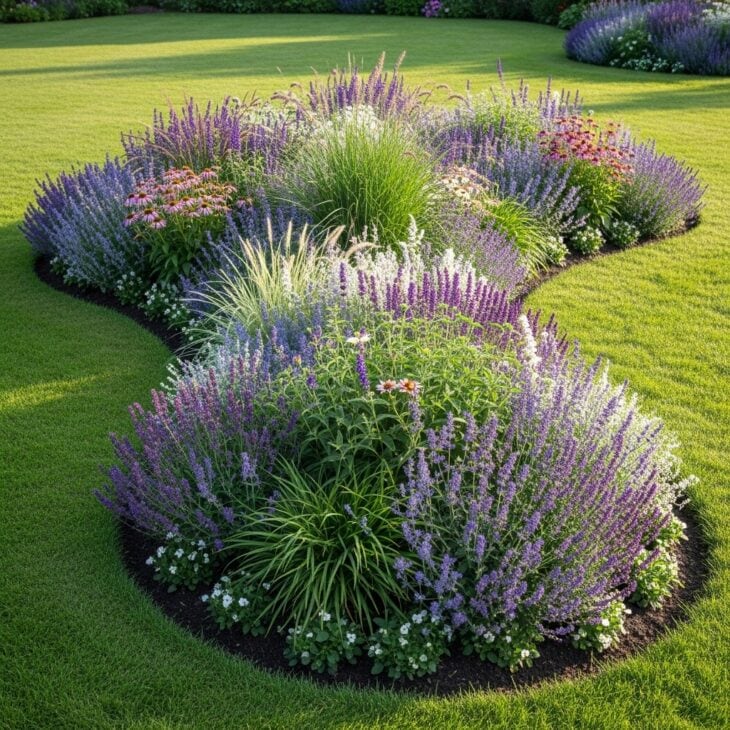 Curved kidney-shaped flower bed set in a lawn