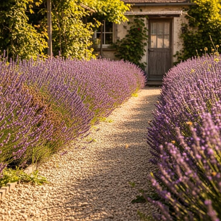 Path lined on both sides with flowering lavender