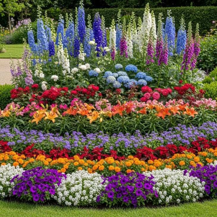 Flower bed layered by height, tall at back to low at front