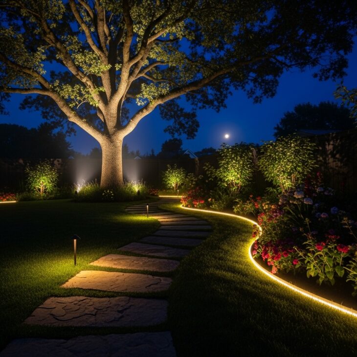 Backyard at night with layered garden lighting