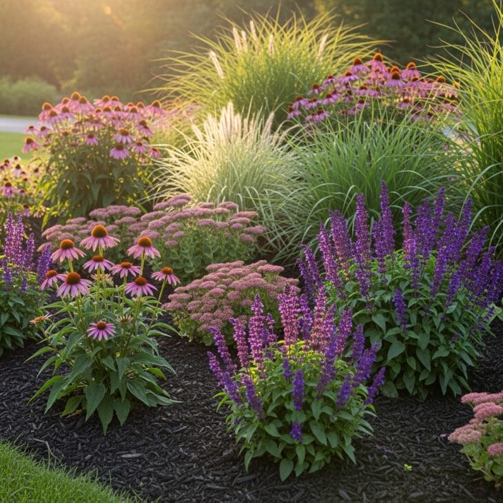 Low-maintenance flower bed of tough perennials and grasses