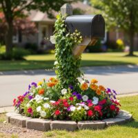Small flower bed planted around a mailbox post