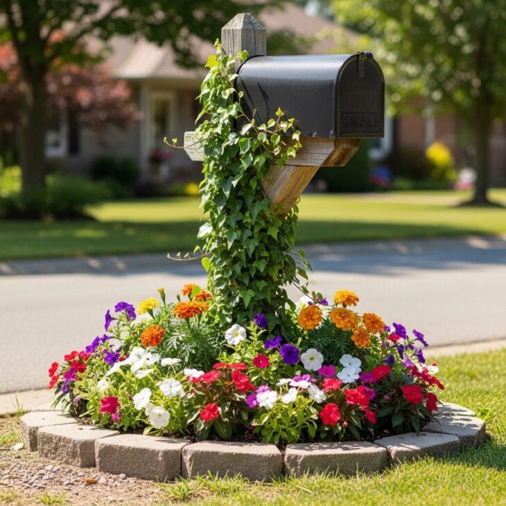 Small flower bed planted around a mailbox post