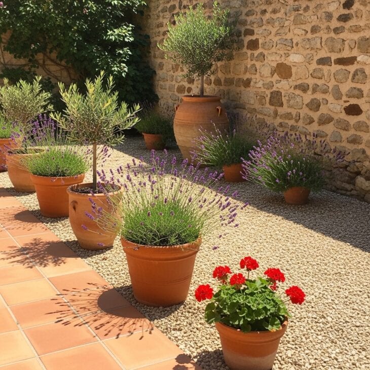 Mediterranean-style patio with terracotta pots and lavender