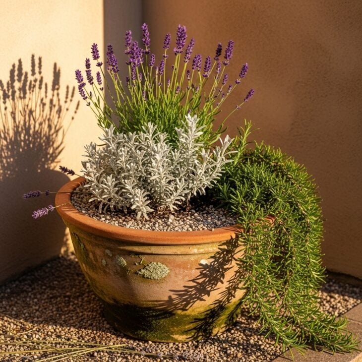 Terracotta pot of drought-tolerant Mediterranean plants