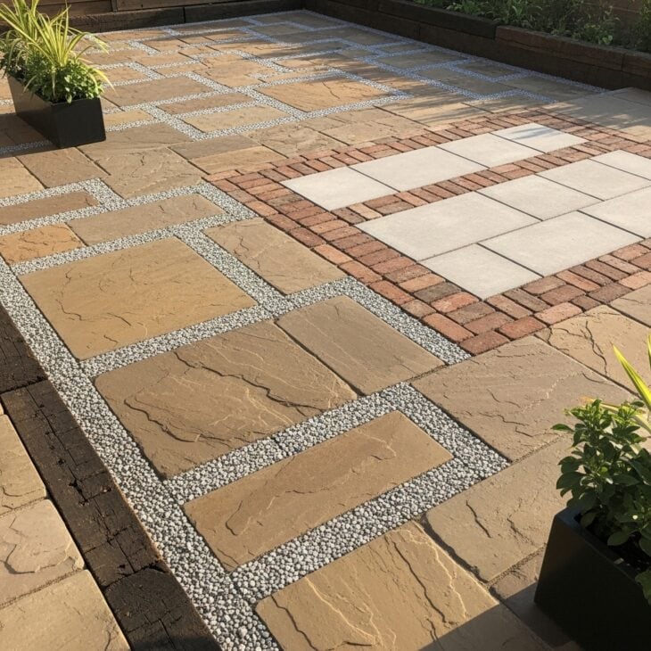 Patio combining stone, gravel and timber for texture