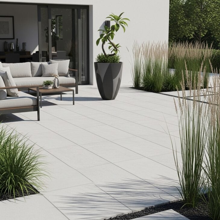 Sleek modern minimalist patio with porcelain pavers