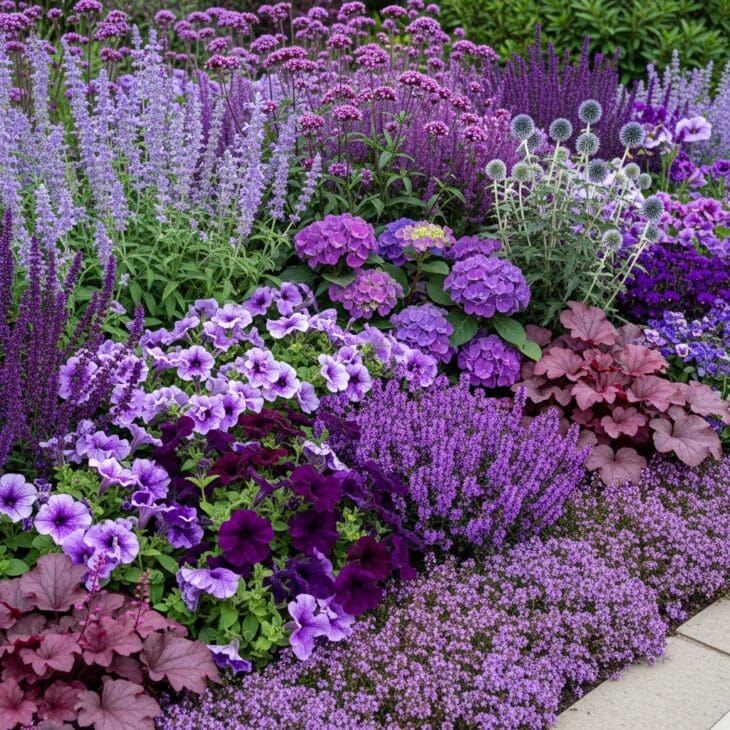 Single-color flower bed in shades of purple