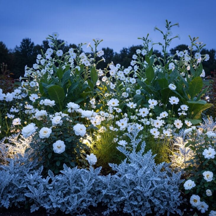 All-white moon garden flower bed glowing at dusk