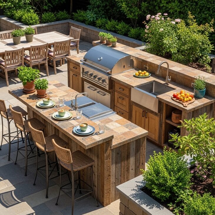 Built-in backyard outdoor kitchen with grill and counter