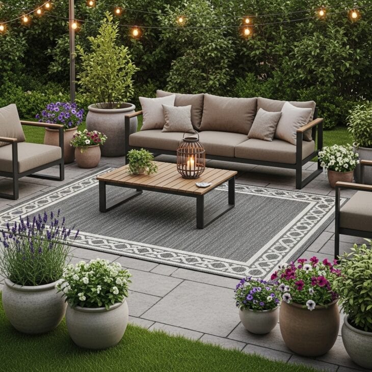 Outdoor rug grounding a patio seating area