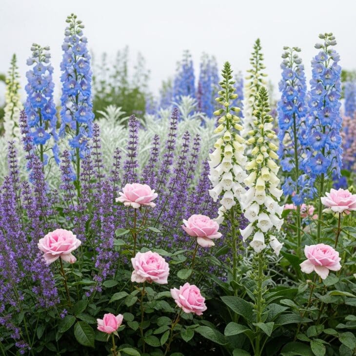 Flower bed in soft pastel pinks, blues and whites