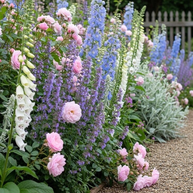 Cottage border in a soft pastel pink, blue and white scheme