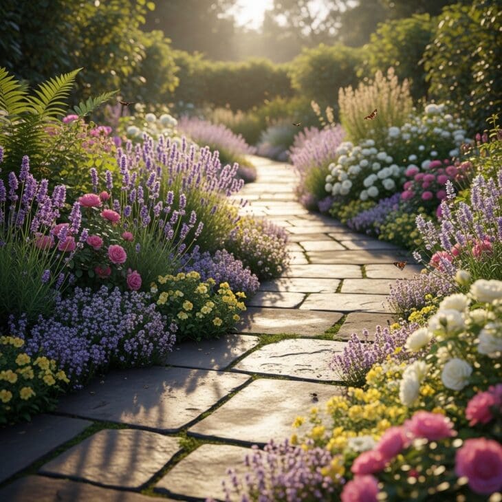 Flower beds running along both sides of a garden path