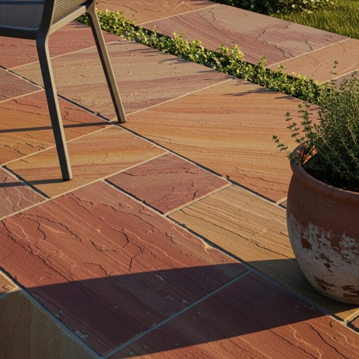 Warm sandstone patio paving laid in a random pattern